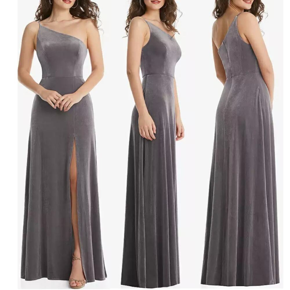NWT After Six One Shoulder Velvet Maxi Dress Gown in Caviar Gray